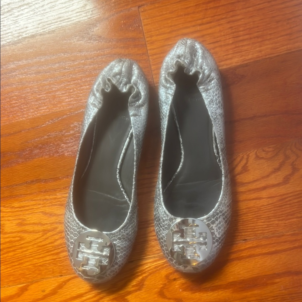 Tory Burch Silver Flats with Quilted Design